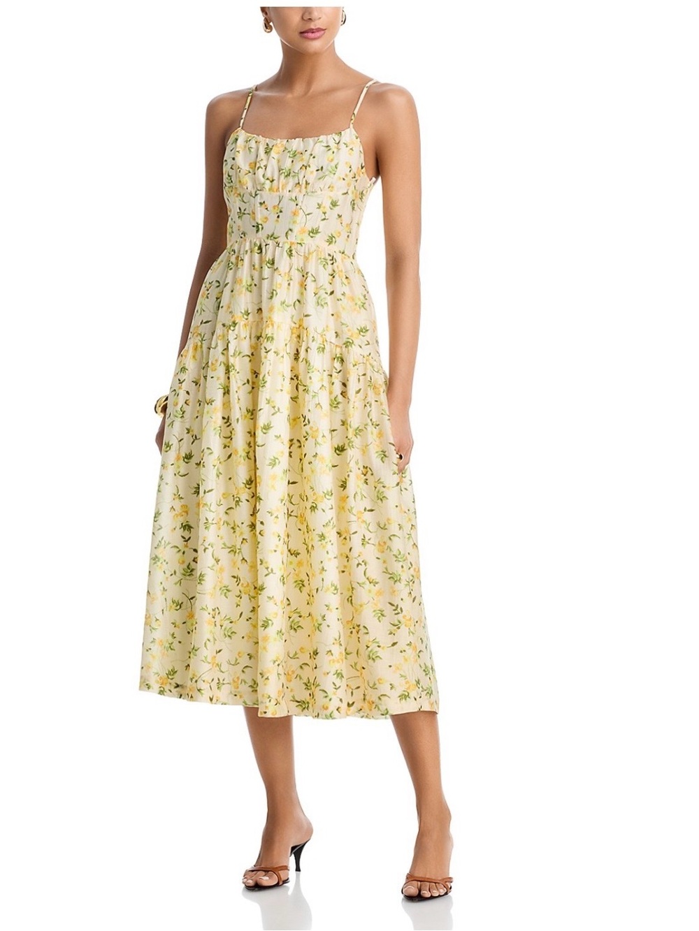 NWT Aqua Yellow Floral Spaghetti Strap Midi Linen-blended Dress XS